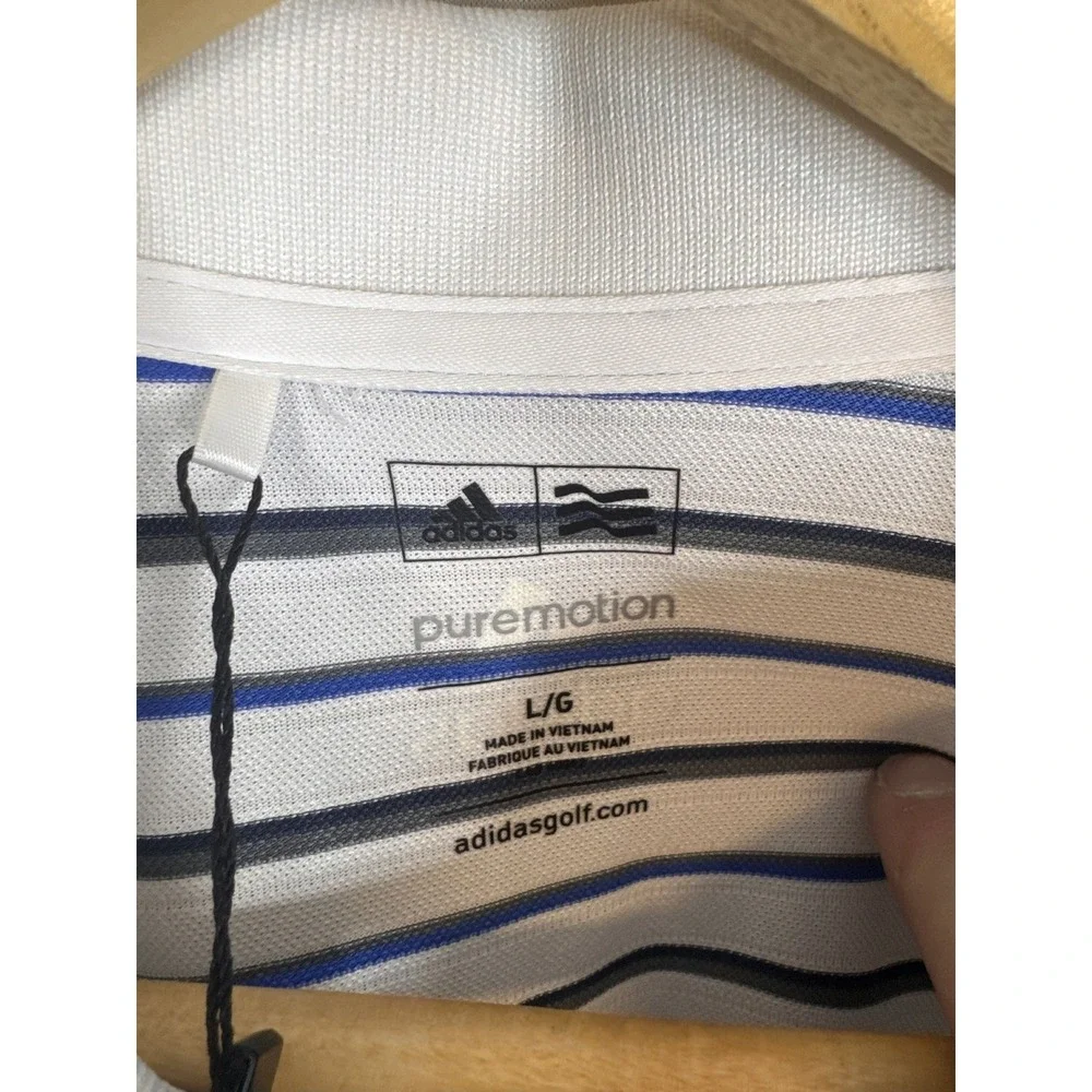 Adidas Golf Puremotion Polo Shirt Mens Large White Blue Striped‎ Z95918 NEW